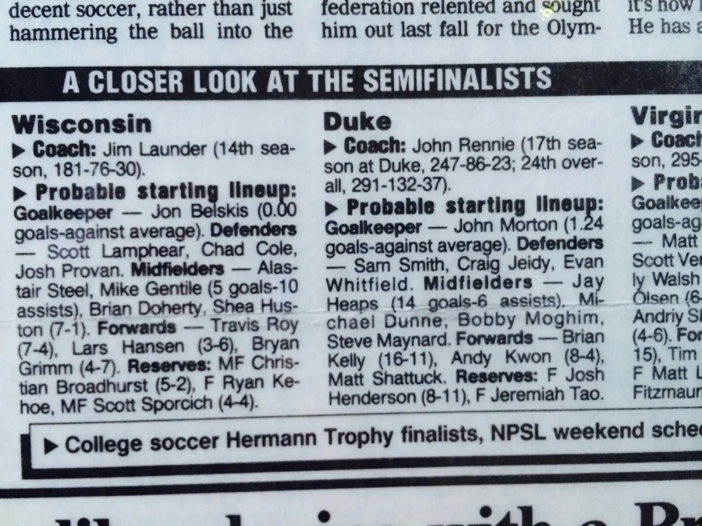 Division I National Championship College Cup Soccer Line Ups in 1995.